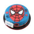 Blue Spider-Man birthday cake with large red superhero mask, black web detailing, white eyes, spiders, stars and personalised age