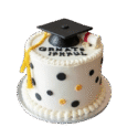 White Graduation Day Cake with black mortarboard, gold tassel, rolled diploma, black and gold polka dots, piped borders and graduate’s name