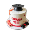 White Graduation Day Cake with black mortarboard, red tassel, two certificate scrolls, black and red dots, red border and custom message