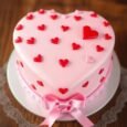 Pink Heart Cake With Red Hearts And Pink Bow