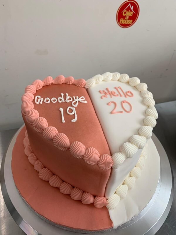 Terracotta and white half-and-half heart cake with vintage shell piping, split colour design and separate goodbye and hello messages