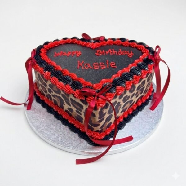Black and red leopard print heart cake with animal-print sides, braided piped borders, red ribbon bows and a custom message