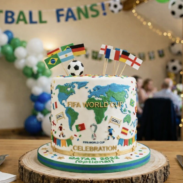 Blue safari animal kids birthday cake with round white icing, animal prints, paw details and blue piped border