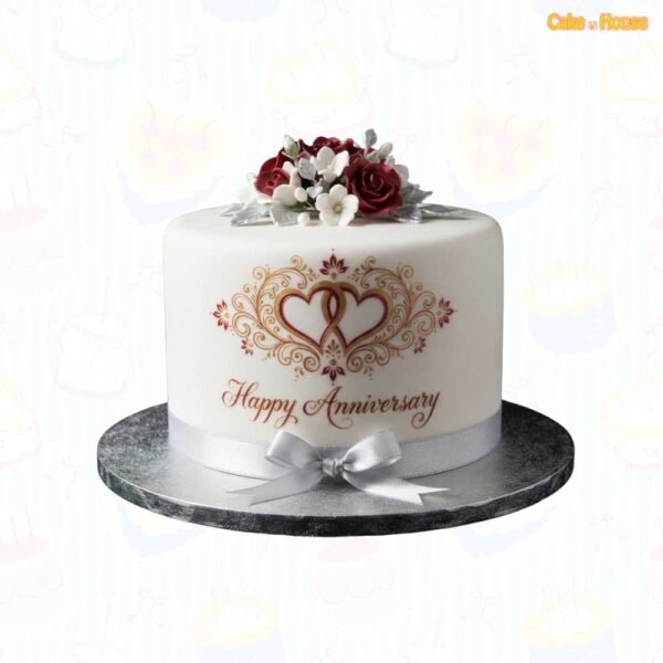 White round anniversary cake with ornate gold and burgundy intertwined hearts, burgundy and white sugar roses, silver leaves and satin ribbon bow