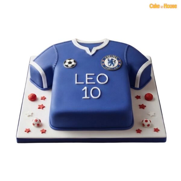 Blue Chelsea FC football shirt birthday cake with white trim, edible club crest, football badge, personalised name and squad number