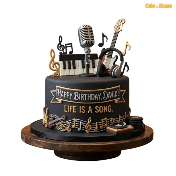 Music lover birthday cake with guitar, piano keys, microphone, headphones, music notes and black fondant design