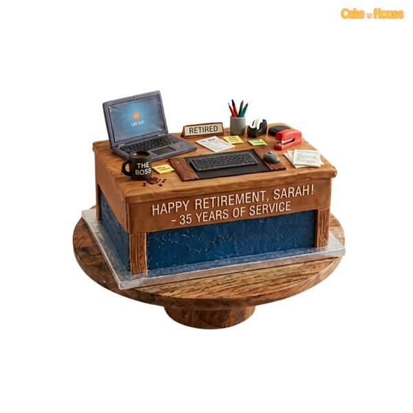 Office desk retirement cake with laptop, keyboard, mug, stationery, paperwork and personalised farewell message