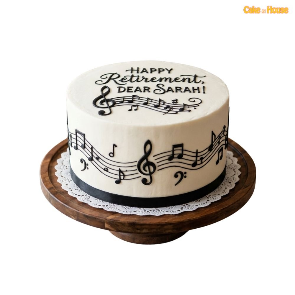 Musical notes retirement cake with ivory icing, treble clef, black music staff design and personalised retirement message