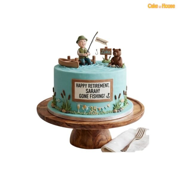 Gone Fishing retirement cake with fishing figure, boat, lake water, bear, reeds and personalised retirement message