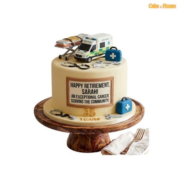 Ambulance service retirement cake with ambulance topper, stretcher, first-aid kit, stethoscope and personalised message