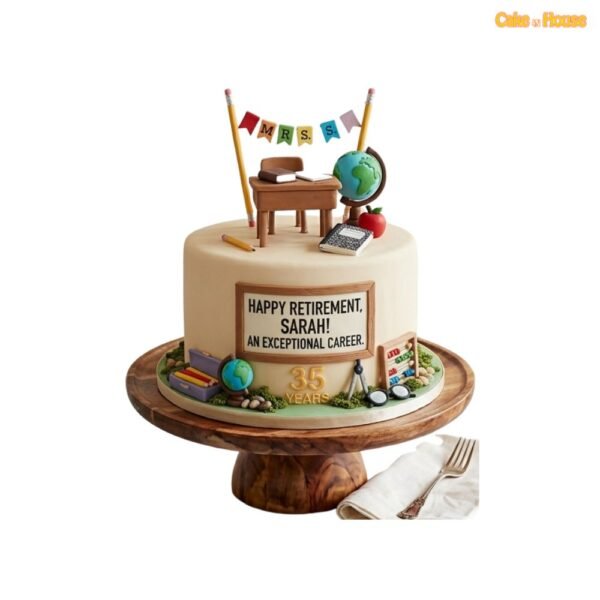 Teacher classroom retirement cake with desk, globe, pencils, books, apple, calculator and personalised service message