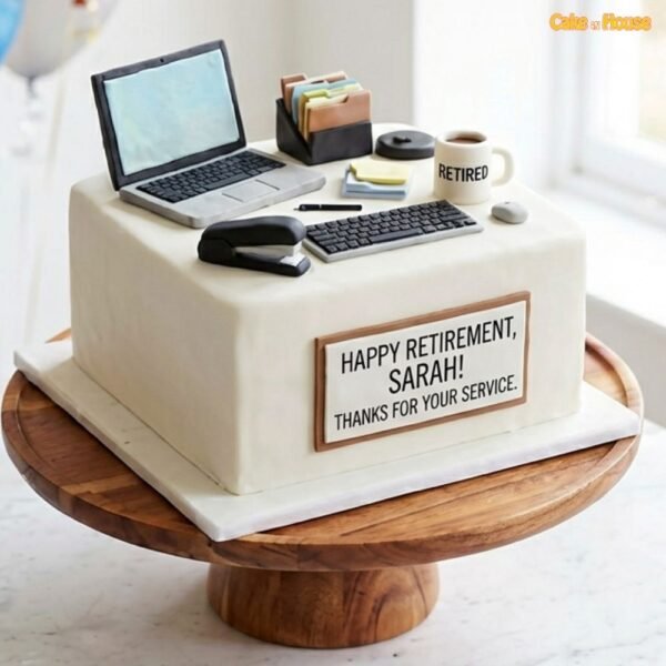 Minimal office farewell retirement cake with laptop, keyboard, stapler, files, retired mug and personalised message plaque