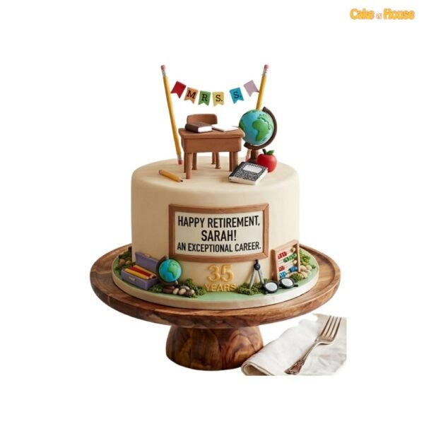 School teacher retirement cake with desk topper, globe, pencils, books, apple, calculator and 35 years message