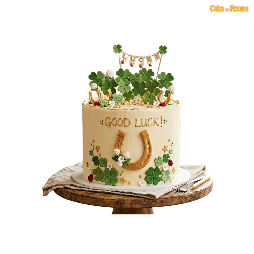 Lucky horseshoe good luck cake with four-leaf clovers, gold horseshoe, flowers, ladybirds and lucky banner topper