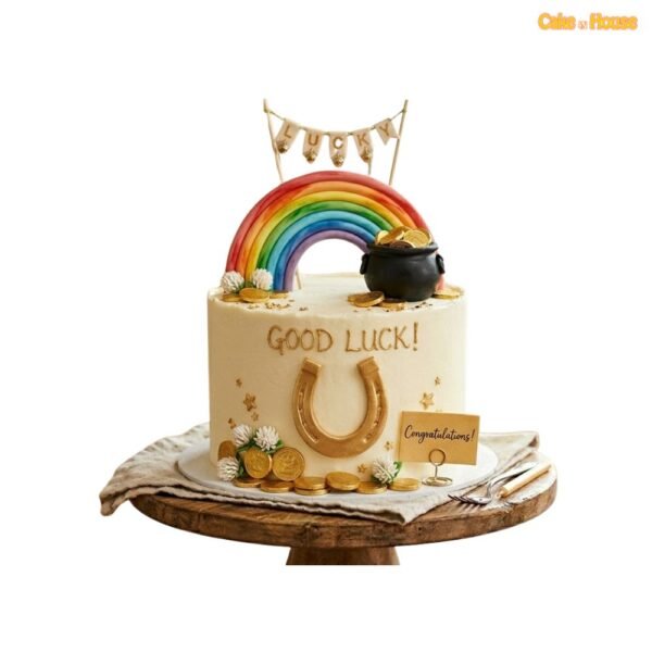 Rainbow Pot of Gold Good Luck Cake with rainbow topper, gold coins, horseshoe, clovers, flowers and congratulations sign
