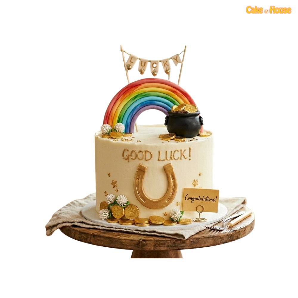 Rainbow Pot of Gold Good Luck Cake with rainbow topper, gold coins, horseshoe, clovers, flowers and congratulations sign