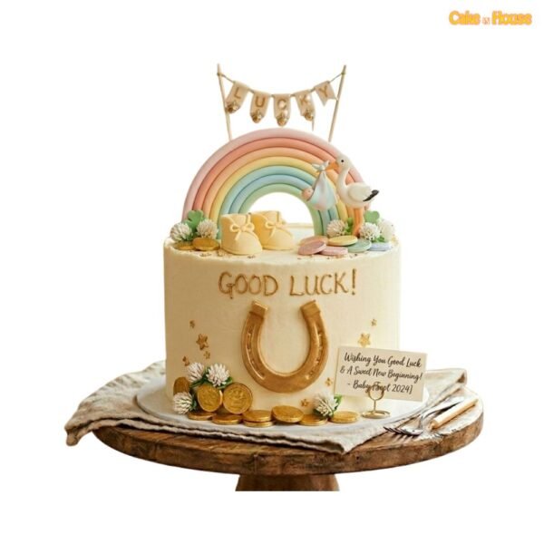Rainbow Stork Good Luck Baby Cake with pastel rainbow, stork topper, baby shoes, gold horseshoe, coins, flowers and custom message sign