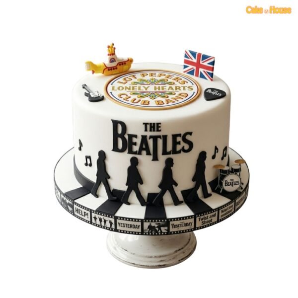 Beatles Sgt. Pepper music theme cake with Abbey Road silhouettes, Yellow Submarine topper, guitar, drum set, music notes and Union Jack detail
