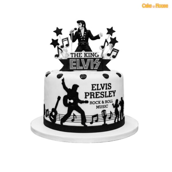 Black and white Elvis Presley music cake with singer silhouette, guitar, microphone, stars, music notes and rock and roll design