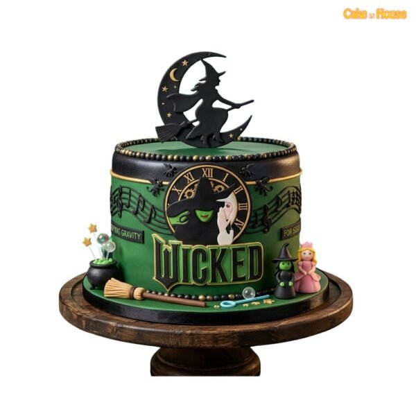 Wicked Musical Theatre Cake with witch moon topper, green black design, broom, cauldron, clock detail, music notes and stage accents