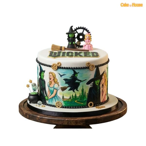 Wicked Storybook Musical Cake with illustrated theatre scenes, witch and princess toppers, broom, gears and fantasy stage artwork