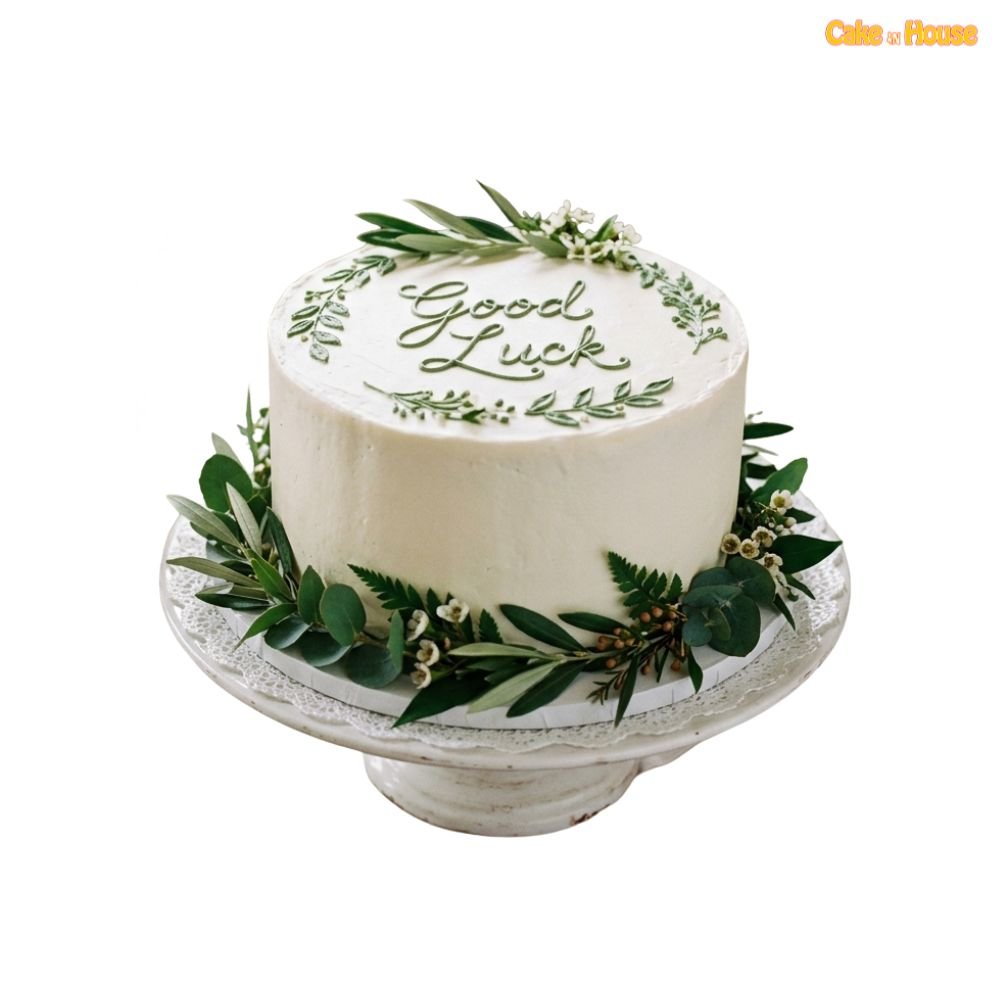Botanical Good Luck Cake with white icing, green lettering, leafy wreath, eucalyptus, fern leaves and small white flowers