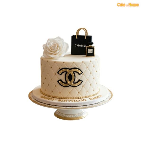 Chanel quilted perfume bag cake with ivory fondant, gold pearl accents, CC detail, white rose, shopping bag and perfume topper