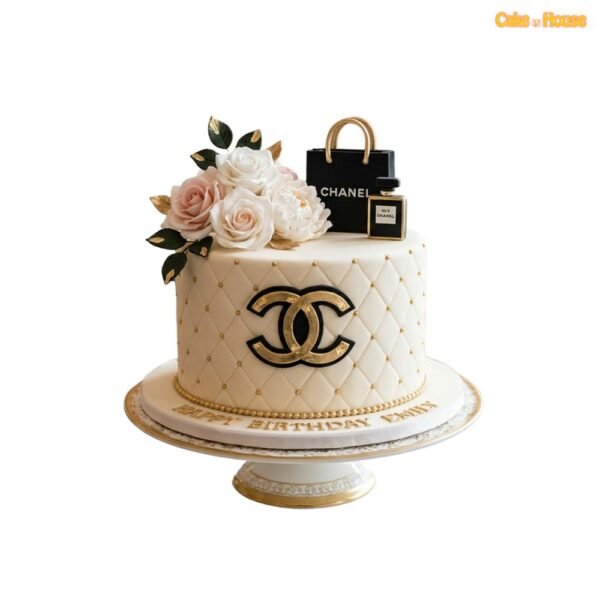 Designer Chanel floral quilted cake in London with roses, perfume topper, shopping bag, gold detailing and dietary cake options.