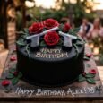 Guns N’ Roses black rock birthday cake with red roses, thorn vines, matte black icing, gold lettering and music theme details