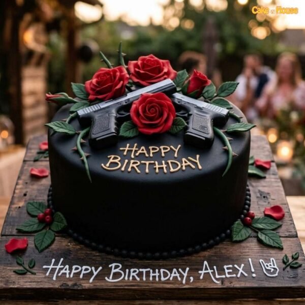 Guns N’ Roses black rock birthday cake with red roses, thorn vines, matte black icing, gold lettering and music theme details