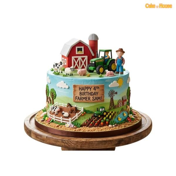 Farmer Sam farm animal birthday cake with red barn, tractor, farmer topper, cows, sheep, pigs, ducks and vegetable patch