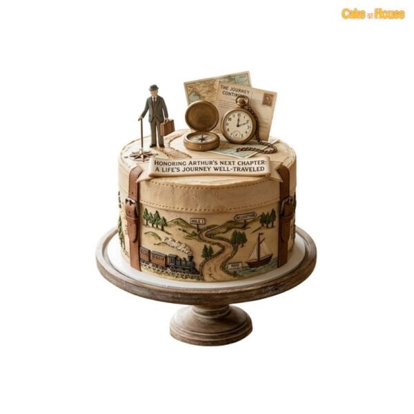 Arthur vintage travel retirement cake with map, compass, pocket watch, suitcase, postcard, train and personalised journey message