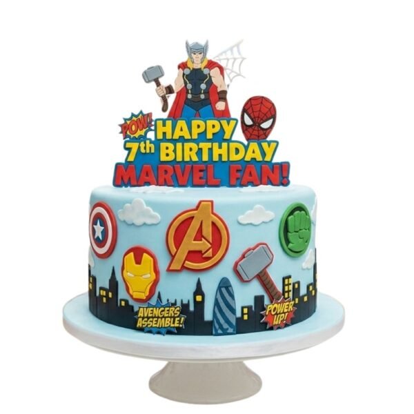 Avengers Marvel Fan 7th Birthday Cake with Thor, Spider-Man, Captain America, Iron Man, Hulk details and city skyline