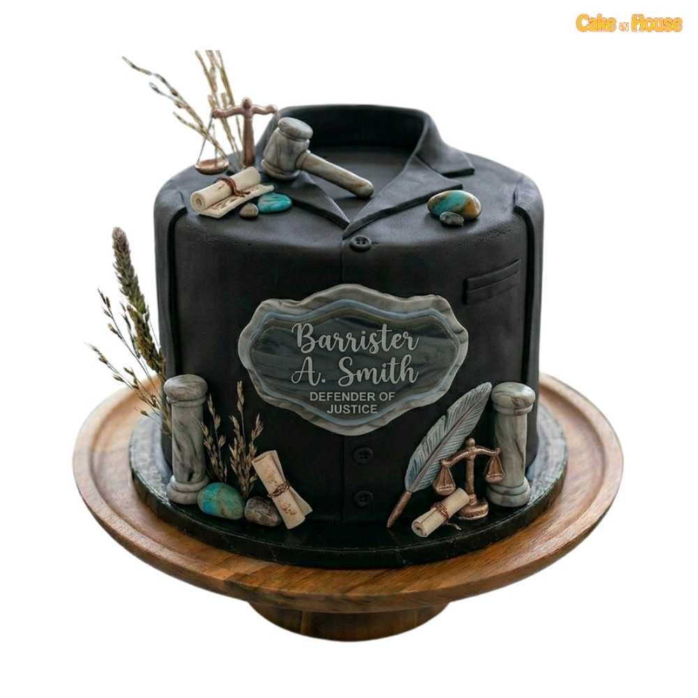 Barrister A. Smith courtroom suit cake with black suit design, justice scale, gavel, scrolls, pillars and personalised plaque