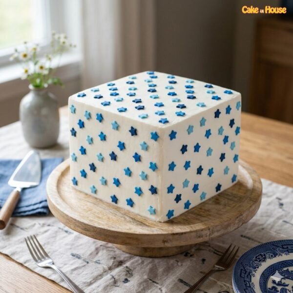 Blue Starry Cube Birthday Cake with white icing, blue star decorations and simple square custom cake design