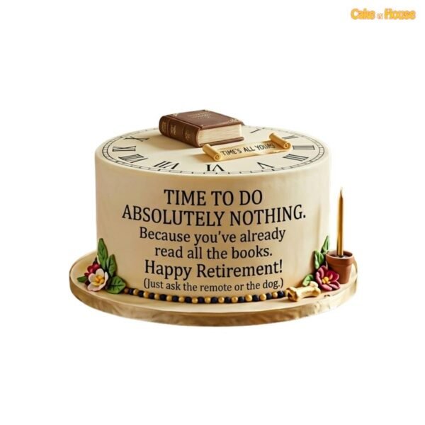 Book lover clock retirement cake with vintage clock face, book topper, scroll, candle, floral details and funny retirement message