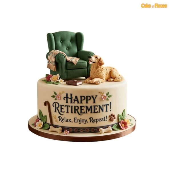Cozy armchair retirement cake with green chair topper, golden dog, floral details, book, walking stick and personalised retirement message