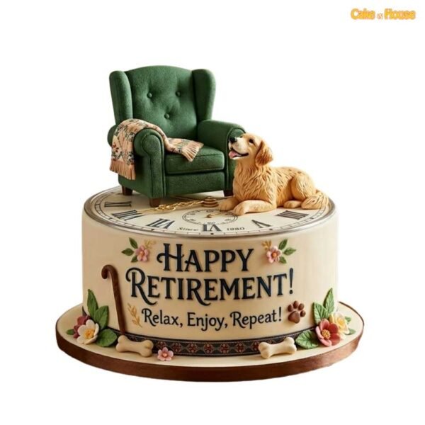 Cozy Clock Armchair Retirement Cake with green chair topper, golden dog, vintage clock face, flowers, walking stick and retirement message