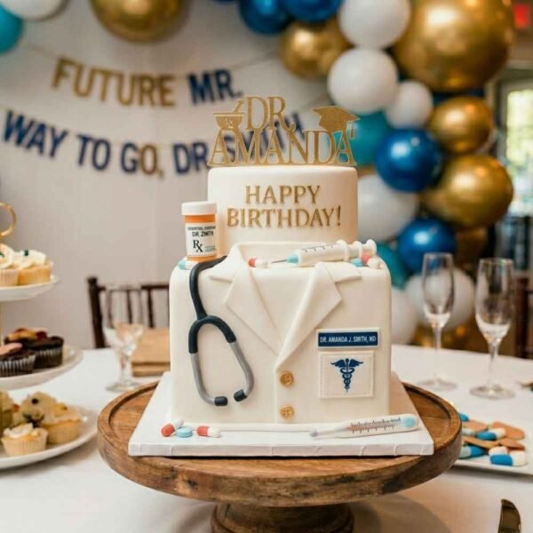 Doctor theme birthday cake with white coat, stethoscope, syringe, medicine details and personalised topper