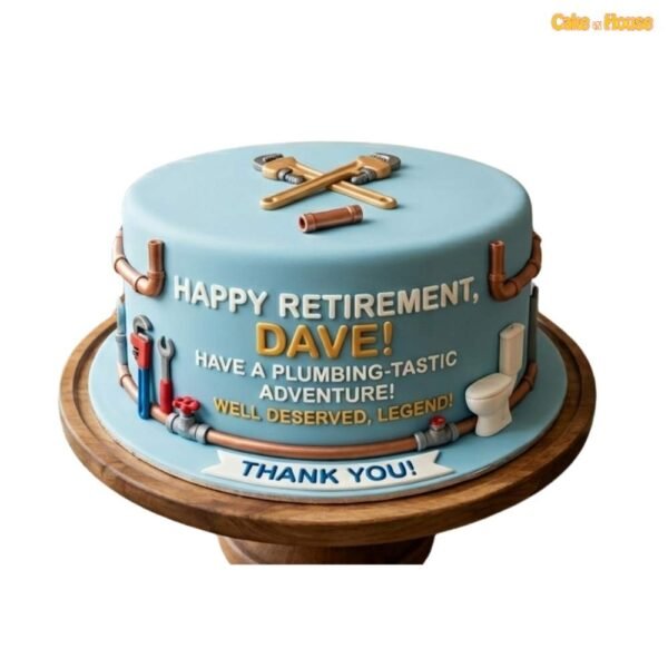 Dave plumbing retirement celebration cake with blue icing, plumber tools, pipes, wrench details, toilet accent and personalised message