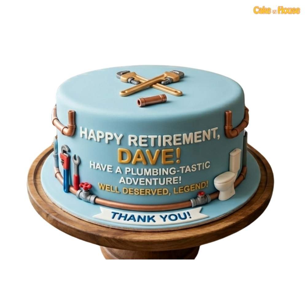 Dave plumbing retirement celebration cake with blue icing, plumber tools, pipes, wrench details, toilet accent and personalised message