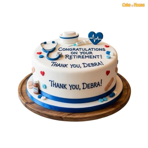 Debra nurse retirement thank you cake with stethoscope, nurse cap, syringe, heart monitor, tablets, bandages and blue ribbon
