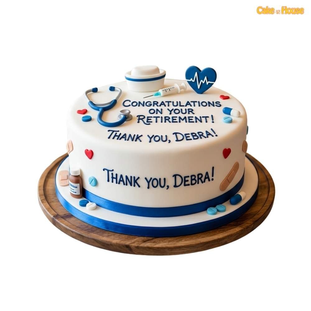 Debra nurse retirement thank you cake with stethoscope, nurse cap, syringe, heart monitor, tablets, bandages and blue ribbon