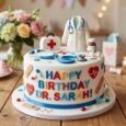 Medical professional birthday cake with doctor coat topper, stethoscope, first-aid kit, syringe and colourful message