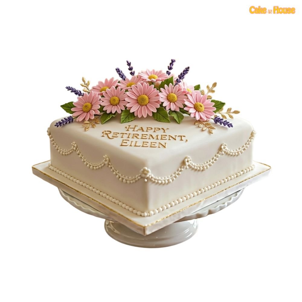 Eileen Daisy Garden Retirement Cake with pink daisy toppers, lavender sprigs, ivory icing, pearl piping and gold retirement message