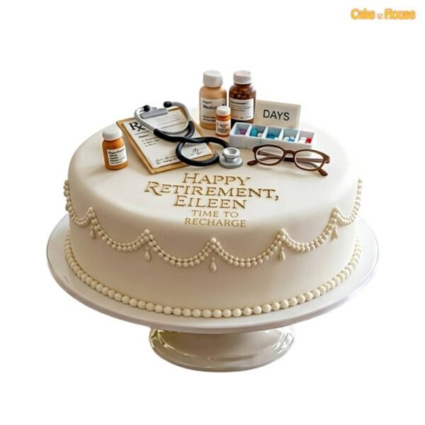 Eileen medical retirement cake with medicine bottles, stethoscope, prescription clipboard, pill organiser, glasses and pearl piping