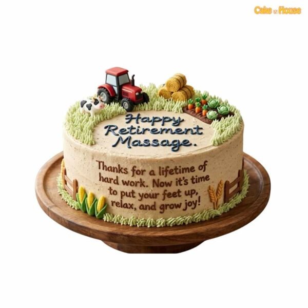 Farm Life Tractor Retirement Cake with red tractor, cow, hay bales, vegetable patch, fence, corn and countryside retirement message