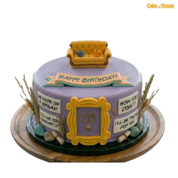 Friends Central Perk birthday cake with orange sofa topper, purple door frame, quote plaques, coffee cup cupcakes and custom age design