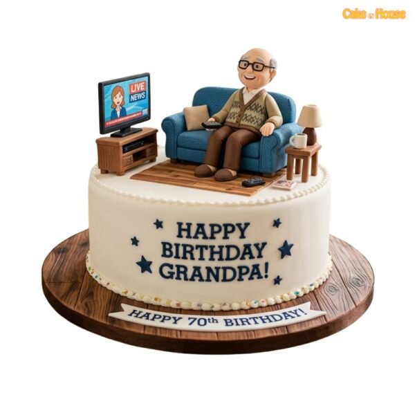 Grandpa Sofa and TV 70th birthday cake with blue armchair, live news TV, remote, mug, side table and personalised birthday message