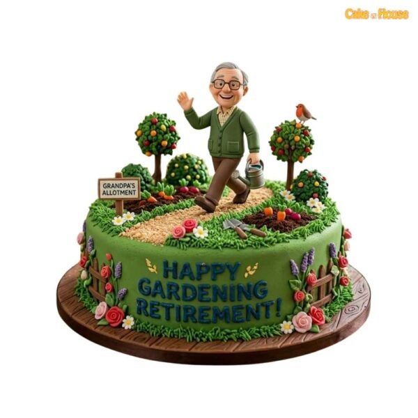 Grandpa’s allotment gardening retirement cake with gardener topper, watering can, fruit trees, vegetable beds, flowers and garden path